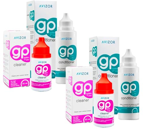 Avízor GP Cleaner 2x30 ml + GP Conditioner 2x120 ml - Nettoyant et Conditionneur Quotidien pour Lentilles de Contact Rigides et Perméables aux Gaz | Dégraissant et Hydratant | Kit de Nettoyage Complet