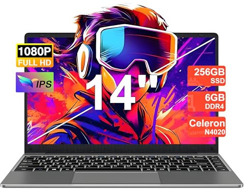 NOTODD Ordinateur Portable 14 Pouces Win11 Pro PC Portable 6 Go RAM+256 Go Soutien Extension SSD 1TB(TF 1TB) 5000mAh Celeron N4020 Laptop avec Mini HDMI 1080P Souris sans Fil & AZERTY Membrane-Gray