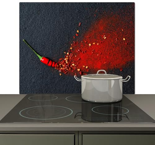 KitchenYeah© Spritzschutz Küchenrückwand Vinyl Küche Wand Deko Küchenwand | 60x52 cm - Rückwand, Ceranfeldabdeckung Pfeffer - Kräuter - Beton - Rot - Grau