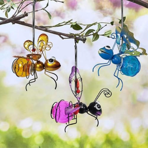 Solar Hängende Biene Deko für Außen, Solar Deko Garten Hängend, LED Metall Bienen mit Frühling & Clip, Solar Lampions Außen Wetterfest, für Garten Terrasse Balkon Bäume (3 PCS)