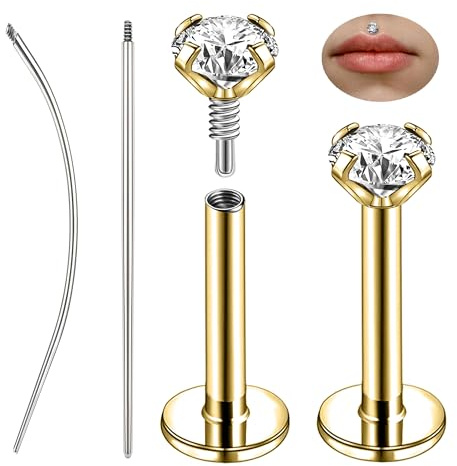 ZS 1 Paar Labret Lippenstecker 316L Edelstahl Innengewinde Philtrum Ashely Jewelry CZ Lippenpiercing für Tragus Helix 16G flache Rückseite Ohrstecker für Damen Herren (Gold,16g,L:5mm,CZ:2mm)