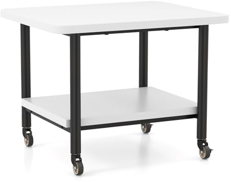 GIANTEX Tavolo per stampante con ruote, supporto per stampante, carrello per stampante con 2 ripiani, contenitore per stampante, in legno, tavolino per stampante, scaffale con ruote (bianco + nero)