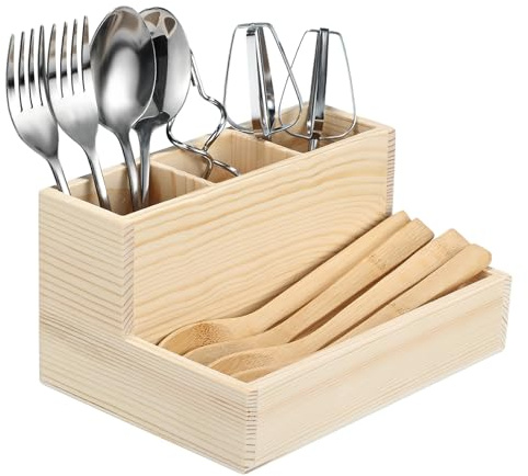 BOUTICOL Küchenutensilienhalter Organizer Tischbutler aus Bambus mit 4 Fächer 20 x 14 x 10 cm, Rustikales Holz für Bauernhaus-Küchendekoration, Utensilien-Organizer für Arbeitsplatte