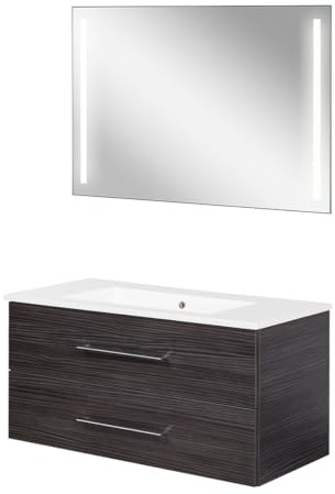 FACKELMANN B.Perfekt 3-teiliges Möbel-Set in Dark Oak Holzoptik mit Keramikbecken und LED-Spiegel – Made in Germany
