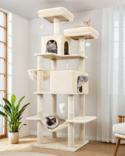 Globlazer F76 Kratzbaum 195 cm mit Große Katzenhaus Hängematte für 2 Katzen | Katzenbaum Stabil Weiche Plüsch, Sicherheit Kippschutz, Einfach zu installiere Aktivitätskratzbäume für Große Katzen Kätzchen