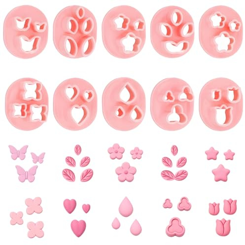 Ajcotahm 10 PCS Polymer Clay Cutters, Flower Petal Clay Cutter for Earrings Making 10 Shapes Floral Leaf Butterfly Heart Clay Molds DIY Jewelry Tools