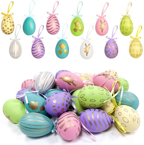 pangdapengpeng 24 Pezzi Uova di Pasqua da Appendere in Plastica 6×4 cm | Decorazione da Appendere per Pasqua con Cordino per Casa, Giardino e Primavera
