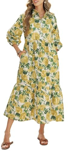 Floral Midi Dress for Women 3/4 Sleeve Cotton Button Up Collared Shirt Dress Flowy Ruffle Hem Spring Sundress with Pockets Green