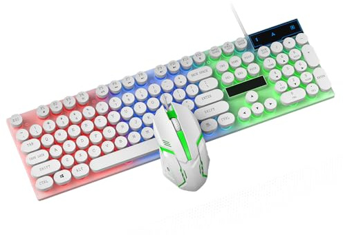 Bewinner Gaming Keyboard and Mouse Combo, 104 Key Wired USB Keyboard with 1000DPI Optical Mouse, 6 Key Anti Ghosting, Floating Design, Steam Punk Style Keycaps, for PC Laptop Computer (White)