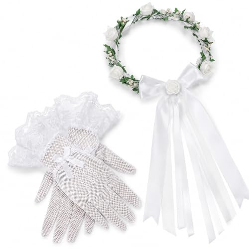 Domefahaso 2 Comunión Set Niña: Adorno Pelo + Guantes de Encaje Blanco | corona de flores blancas para el cabello combinada con guantes de encaje, elegante atuendo para la primera comunión