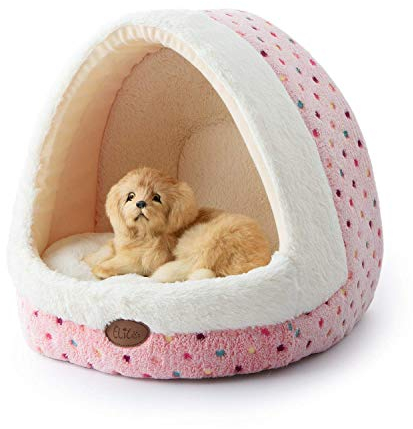 Tofern Haustierbett aus Fleece mit bunten Punkten, gestreift, für kleine und mittelgroße Hunde und Katzen, Iglu-Haus, rutschfest, warm, waschbar