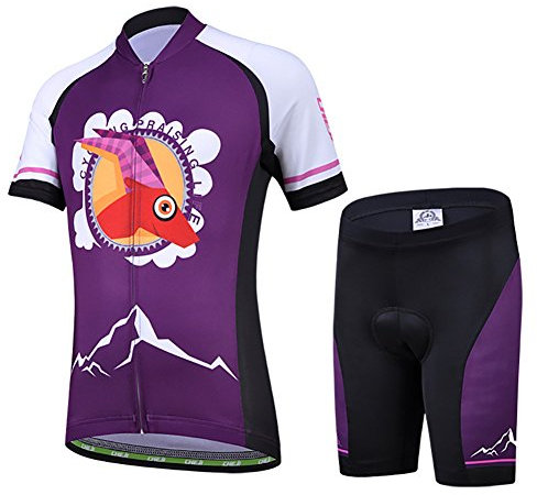 LSHEL Kinder Jungen Fahrradbekleidung Set Mädchen Atmungsaktive Trikot Kurzarm & Radhose mit 3D Sitzpolster MTB Radsportanzug, Violett, 122/128(Herstellergröße: L)
