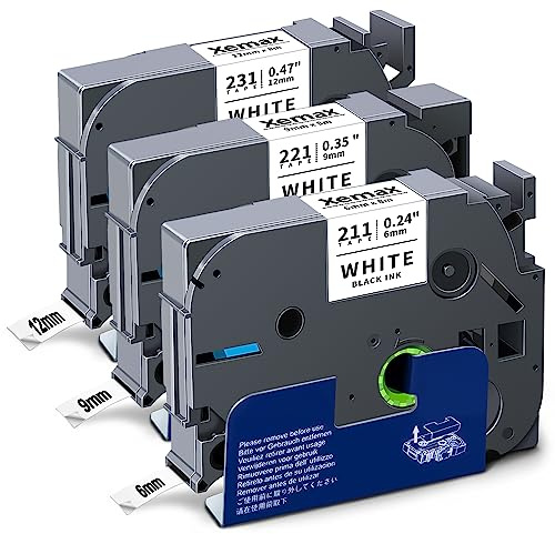 3x XemaX Schwarz auf weiß Etikettenband Kompatibel für Brother Tze-211 Tze-221 Tze-231 6mm 9mm 12mm Kassette Bänder für PT-1010 PT-H107B PT-P300BT PT-D210VP PT-D600VP PT-H105 PT-H100LB