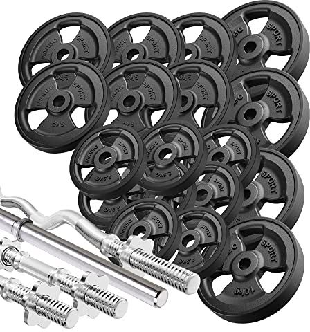 Marbo Sport - Set MW KIER_G Tri-Grip Hantelscheiben aus Gusseisen mit Gummi-Ummantelung, Gewichte mit Aufnahme Ø31 mm, 1 x SZ-Curlstange, 2 x Kurzhantelstange, 1 x Langhantelstange, 113 insg. Kg
