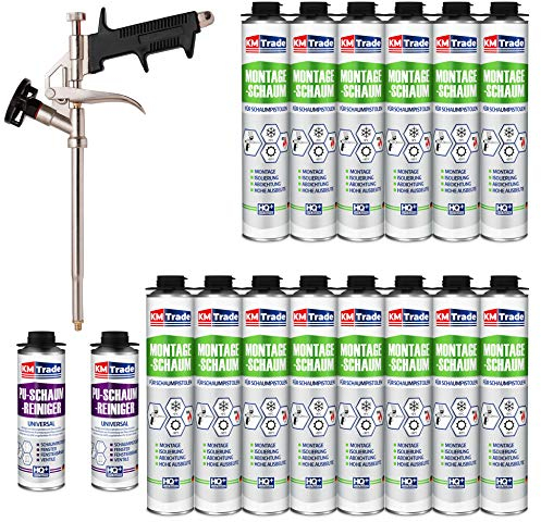 KM Trade Bauschaum-Set - Inkl. 14x 1K Montageschaum (je 750 ml), 1x Schaum-Pistole & 2x PU-Schaum-Reiniger (500 ml)