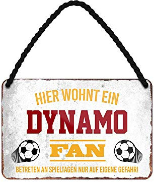 Dynamo Fan Blechschild - Metallschild mit Kordel und Saugnapf - Hängeschild für Fans Ultras Anhänger Begeisterte - Wanddeko Türdeko für Man Cave Jugendzimmer Werkstatt Wohnzimmer - 18x12cm
