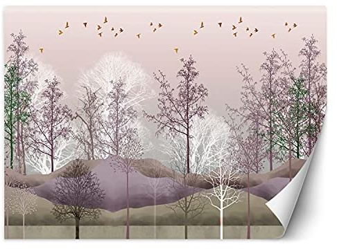 Feeby Papel Pintado Bosque Árboles Naturaleza 450x315 cm Rosa Decoración De Pared Fotomural Decorativo Murales Comedores Salones Habitaciones Abstracto Colinas Pájaros