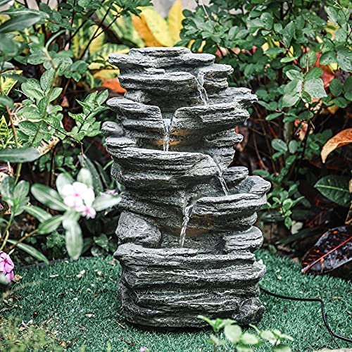 Garden Water Feature Decorate Cascading Tiered Water Fountain Pump Waterfall with LED Lights Indoor/Outdoor, Winding Rockery Waterfall, Grey