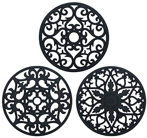 Intirilife 3-teiliges Silikon Untersetzer Set in Schwarz -19.5 cm- Topfuntersetzer (3Stück) Flexible Antihaft Silikon Unterlage, rutschfest Hitzebeständige robuste Matte, Spülmaschinenfest, Ornamente