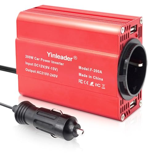 Wechselrichter 200W 12V zu 230V 2 USB-Euro-Steckdosen Kfz-Spannungswandler Kfz-Zigarettenanzünder-Adapter Rot