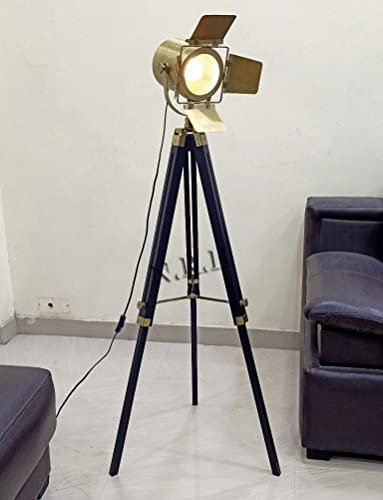Lampadaire trépied industriel pour salon, chambre à coucher, spot sur pied finition laiton vintage pour studio, salle d'étude et bureau