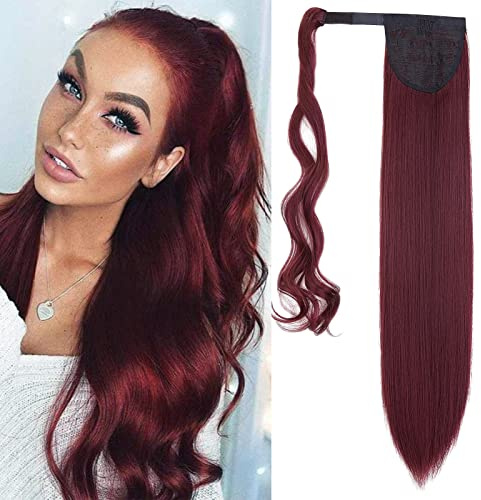 Gairyan Ponytail Extension Glatt 60cm Gewickelt Zopf Pferdeschwanz Haarteil Kunsthaar Zopf Extensions Gerade Lang für Frauen (Weinrot)