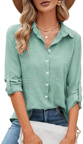 Odosalii Damen Oberteile - Chiffon Hemdbluse - Basic Langarmshirt - V-Ausschnitt Business Casual Musselin Bluse Hemden - Lässige Knöpf Bürohemden Tops Sommer Tunika Shirt (Lichtgrün,Large)