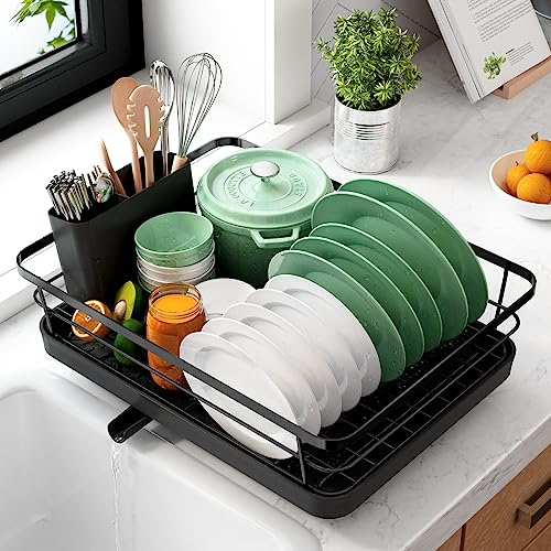 Kitsure Dish Drainer Rack- Space-Saving Dish Drainer, Dish Racks for Kitchen Counter, Stainless Steel Kitchen Drying Rack with a Cutlery Holder, Large, Black