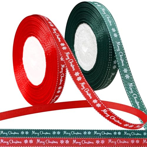 CNMTCCO 2 Rolls 43 Yard Merry Christmas Ribbons Grosgrain Wrapping Rope with Snowflake Pattern for Christmas Favor Party DIY Crafts Package Decor (White Font)
