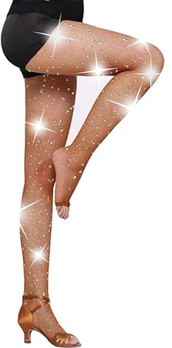 Fohevers Womens Sparkly Open Toe Glitter Fishnet Tights Brown Diamond Toeless Rhinestone Tan Footless Dance Fishnets Pantyhose, Coffee