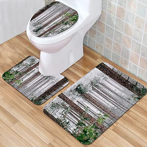 IUBBKI Badematte, Badezimmer-Anti-Rutsch-Matte, Winter Land Natur Wald Bauernhof Rustikale Holz Kiefer wi, Badematten-Set 3-teilig, saugfähig, rutschfest, Badematte, WC-Vorleger, Badteppich