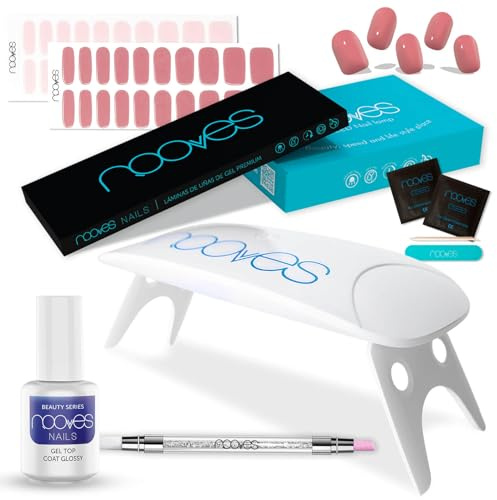 NOOVES Starter Kit: 2 Láminas de Gel + Lámpara Secado + Top Coat + Quartz Dual Stick| 40 uds Rosa, Semicuradas y Veganas con Lima y Palito de Naranjo