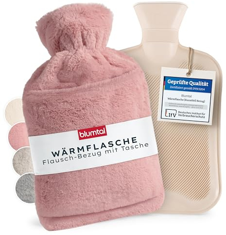 Blumtal Premium Wärmflasche mit Bezug & Tasche flauschig - Wärmeflasche aus verwendungssicherem Naturkautschuk + Flauschbezug - auslaufsichere Bettflasche + Innenfutter beruhigend - Bettflasche Rosa