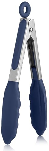 U-Taste Pinza da Cucina in Silicone: Resistente al Calore 315℃ con Punte in Gomma Antiaderente ben Sigillate e Manico in Acciaio Rivestito in Silicone e Bloccaggio Liscio (Blu notte, 18cm)