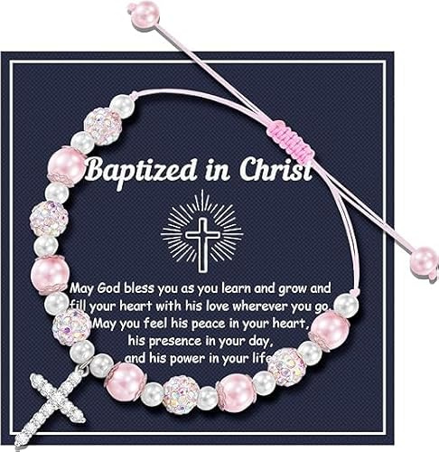 YUEXNKO Bracelet de Perles de Croix de Baptême, Cadeau de Première Communion Bracelet de Perles, Bracelets de Perles en Croix Personnalisés pour Filles, Cadeaux de Première Communion pour Filles