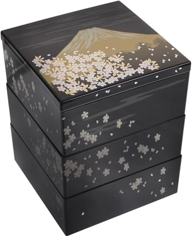 ABOOFAN Fiambrera Bento Japonesa de Plástico Negra de 3 Capas | Estilo Tradicional Patrón Fuji, Reutilizable para Snacks y Postres, Uso en Hogar y Ocasiones Diversas