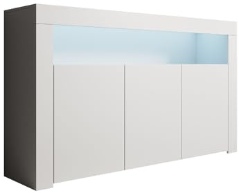 MB Muebles Bonitos | Aparador Mueble TV con LED | Armario para Salón Comedor Moderno | Aparador 3 Puertas | Ancho 155 x Alto 91,5 x Profundo 37cm | Color Blanco | Acabado Mate | Modelo Aker