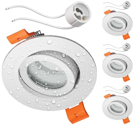 ledscom.de 4x Bad-Deckeneinbaurahmen ERID, Feuchtraum, Badezimmer, IP44, rund, schwenkbar, weiß matt inkl. GU10 Fassung