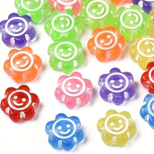 150 perline Emoji Smiley, fiore, sorriso, 10 mm, perline acriliche colorate da infilare, perline per fai da te, per braccialetti, gioielli e altri lavori artigianali