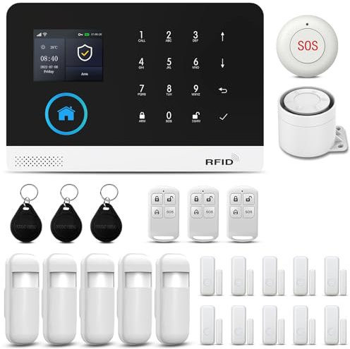 PGST Sistema di allarme Casa WIFI GSM, Allarme Casa, Sirena, Sensori Per Porta Finestre, Sensore di Movimento, Compatible App Smart Life/Tuya