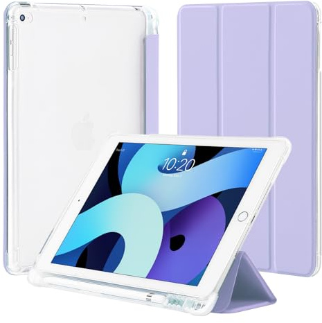 4UBonLife Coque pour iPad 9,7 Pouces 6ème/5ème Génération 2018/2017, pour iPad Air 1/2, Housse Étui de Protection Léger avec Porte-Stylet Coque Arrière en TPU Souple Givré Translucide, Violet Clair