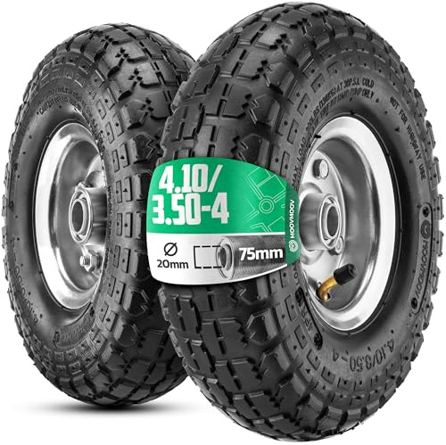 MOOVMOOV Aufblasbares Rad 4.10/3.50-4 (x2), Bohrung 20 mm – für Sackkarre, Bollerwagen und Schubkarren. Komplettrad: Reifen + Schlauch mit gebogenem Ventil + Stahlfelge mit Kugellagern