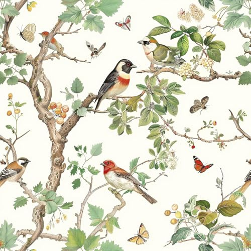 Nukofal Vintage Bird Peel and Stick Wallpaper Floral Bird Contact Paper 16.9inch x 118.1inch Leaf Floral Wallpaper Peel and Stick Boho Self Adhesive Removable Wall Paper for Bathroom Wall Decorative