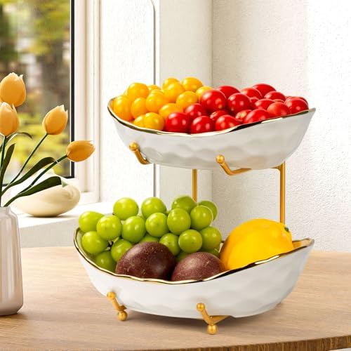 OdoVow Fruit Bowl for Kitchen Counter - Two Tier Ceramic Fruit Basket, Fruit Holder for Fresh Fruit&Veggies, Modern Tiered Fruit Platter Serving Trays for Party