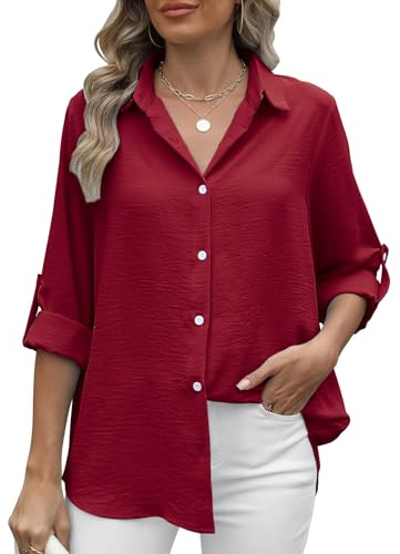 Decorie Camicia Donna Elegante Blusa Manica Lunga Camicette Donna con Maniche (Rosso,M)
