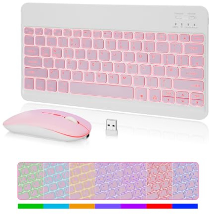 MAYPHY Backlit Mini Keyboard Mouse Combo, 7-Color Backlight Wireless Keyboard, 2.4G /BT Dual Mode for iPad, Tablets, Laptops, Silent Keys & Compact Design, UK Layout, Pink