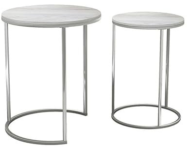 URBNLIVING Juego de 2 mesas auxiliares redondas apilables para sofá, mesa auxiliar de madera de fresno blanco con patas cromadas, decoración moderna para ahorrar espacio, café, té, para sala de estar,