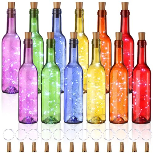 Rtteri 12 Sets kleine leere Weinflaschen mit Korklichtern und 30 batteriebetriebenen LED-Lichtern für Geburtstag, Hochzeit, Party, Dekoration (375 ml, bunte Flasche)