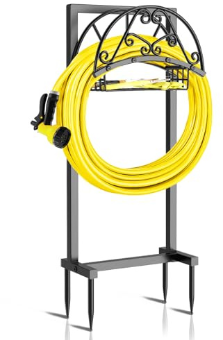 Ouinis Garden Hose Holder Freestanding,Heavy Duty Metal Hose Reel Storage Stand with Storage Basket & 4 Spikes,Hose Hanger for Outside garden patio lawn (Floral with Basket)