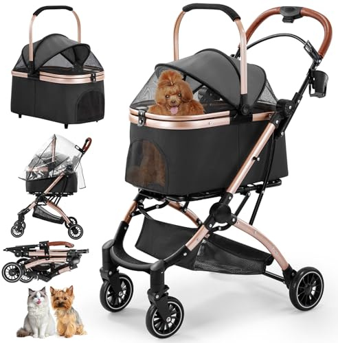 Gimars Mejora 4 en 1 Soporta 20kg Carrito Plegable para Perros Gatos Mediano Pequeño, Cochecito Perro con Portabebés Desmontable Ruedas Delantera Goma 360° Lluvia Funda Almacenamiento Cesta Negro